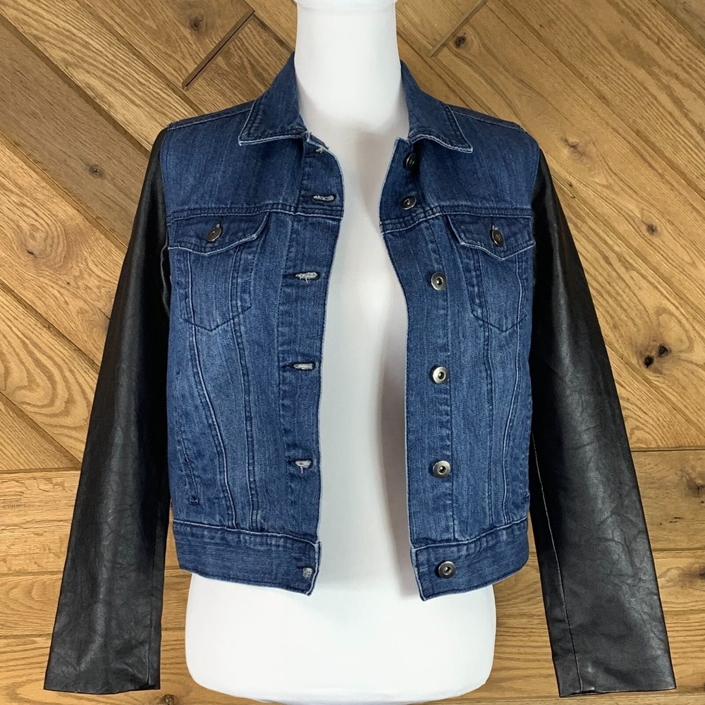 By Corpus LA CA Womens Denim Jacket Faux Leather Sleeves Black Blue Size Small